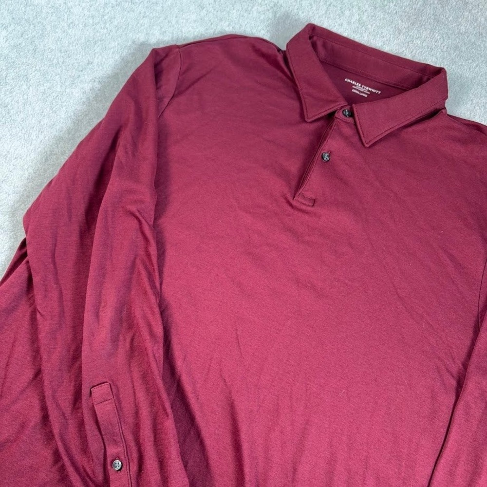 Charles Tyrwhitt Polo Shirt Mens XL Burgundy Long Sleeve Button Cuff Jersey